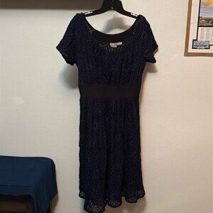 EShakti Women’s Navy Lace & Black smocked waist dress, pockets, Sz 12